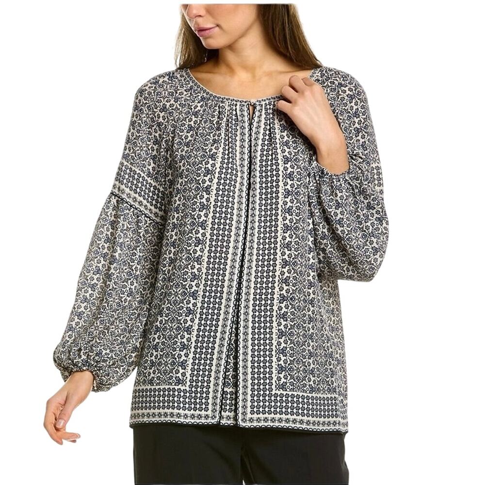 Max Studio Peasant Blouse Navy Border Print 1x